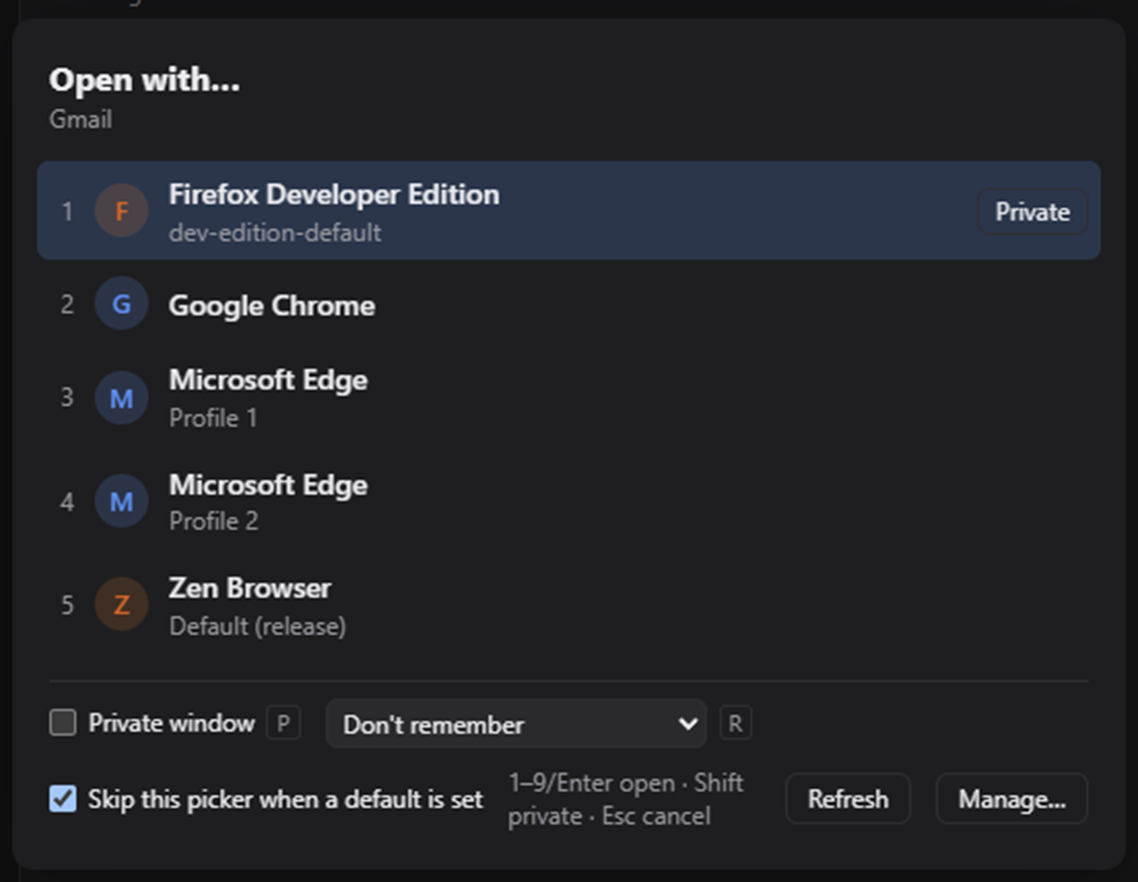 The Open with… dialog listing five browsers and profiles numbered 1 to 5, with a Private window checkbox, a Don’t remember menu and a Skip this picker when a default is set option.