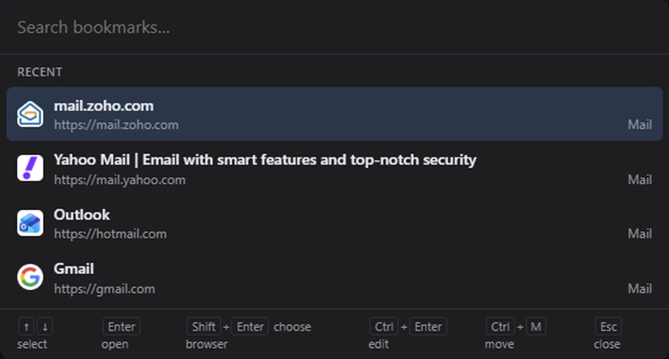 The search dialog: a search field above a list of recent bookmarks, with shortcut hints along the bottom for select, open, choose browser, edit, move and close.